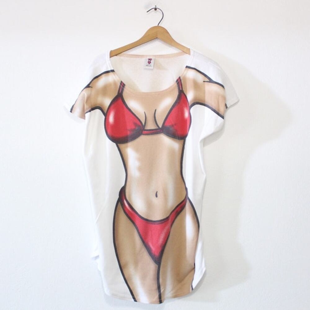 Vintage 90s Bikini Body Cover-Up White Red Novelty T-Shirt Men’s 2XL